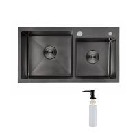 Мойка н/сталь, прямоугольная двухчашевая, 780*430мм, глянец черный, PVD, мойка справа, врезн на/вровень столешнице, AKS (3,2мм)