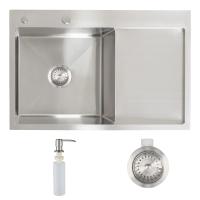 Мойка н/сталь, прямоугольная одночашевая, 780*510мм, сатин, PVD покрытие, мойка слева, с крылом, врезн на/вровень столешнице, AKS (3,2мм)