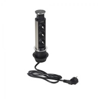 Выдвижной удлинитель Vulcan, 60 мм 3 розетки, крышка металл, шлифованная сталь, AKS — купить мебельную фурнитуру в Санкт-Петербурге | AKS мебель
