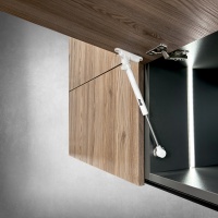 Подъемник газовый верхний 100N с доводчиком и фиксацией в положении белый AKS — купить мебельную фурнитуру в Санкт-Петербурге | AKS мебель
