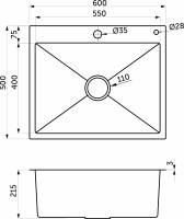 Мойка н/сталь, прямоугольная одночашевая, 600*500мм, графит, PVD покрытие, врезн на столешницу, AKS (3,2мм) — купить мебельную фурнитуру в Санкт-Петербурге | AKS мебель
