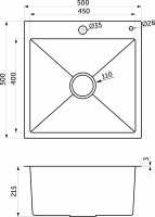 Мойка н/сталь, квадратная одночашевая, 500*500мм, мат сатин, PVD, врезн на/вровень столешнице, AKS (3,2мм) — купить мебельную фурнитуру в Санкт-Петербурге | AKS мебель
