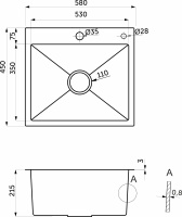 Мойка н/сталь, прямоугольная одночашевая, 580*450мм, сатин, PVD покрытие, врезн на/вровень столешнице, AKS (3,2мм) — купить мебельную фурнитуру в Санкт-Петербурге | AKS мебель
