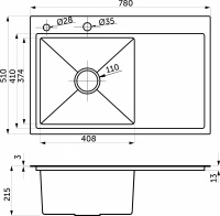 Мойка н/сталь, прямоугольная одночашевая, 780*510мм, сатин, PVD покрытие, мойка слева, с крылом, врезн на/вровень столешнице, AKS (3,2мм) — купить мебельную фурнитуру в Санкт-Петербурге | AKS мебель

