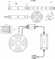 Лента светодиодная RGB - 9W/m, 12V, 10мм, 5050, 54 д/м, IP20, цветная - 5м, + блок питания + контроллер, AKS — купить мебельную фурнитуру в Санкт-Петербурге | AKS мебель
