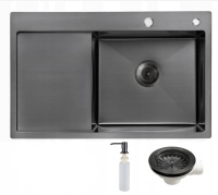 Мойка н/сталь, прямоугольная одночашевая, 780*490мм, мат графит, PVD, мойка справа, с крылом, врезн на/вровень столешнице, AKS (3,2мм) — купить мебельную фурнитуру в Санкт-Петербурге | AKS мебель
