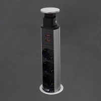 Выдвижной удлинитель Vulcan USB, 60 мм, 3 розетки, 2xUSB, крышка пластик, алюминий AKS — купить мебельную фурнитуру в Санкт-Петербурге | AKS мебель
