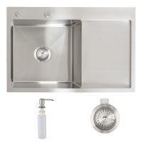 Мойка н/сталь, прямоугольная одночашевая, 780*510мм, сатин, PVD покрытие, мойка слева, с крылом, врезн на/вровень столешнице, AKS (3,2мм) — купить мебельную фурнитуру в Санкт-Петербурге | AKS мебель
