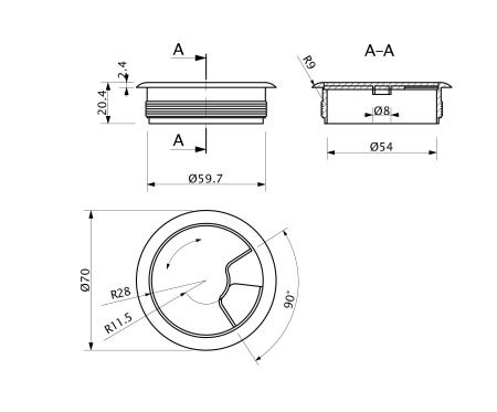 Пропуск кабельный пластик D60мм белый LEBA — купить мебельную фурнитуру в Санкт-Петербурге | AKS мебель
