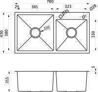 Мойка н/сталь, прямоугольная двухчашевая, 780*430мм, сатин, PVD покрытие, мойка справа, врезн на/вровень столешнице, AKS (3,2мм) — купить мебельную фурнитуру в Санкт-Петербурге | AKS мебель
